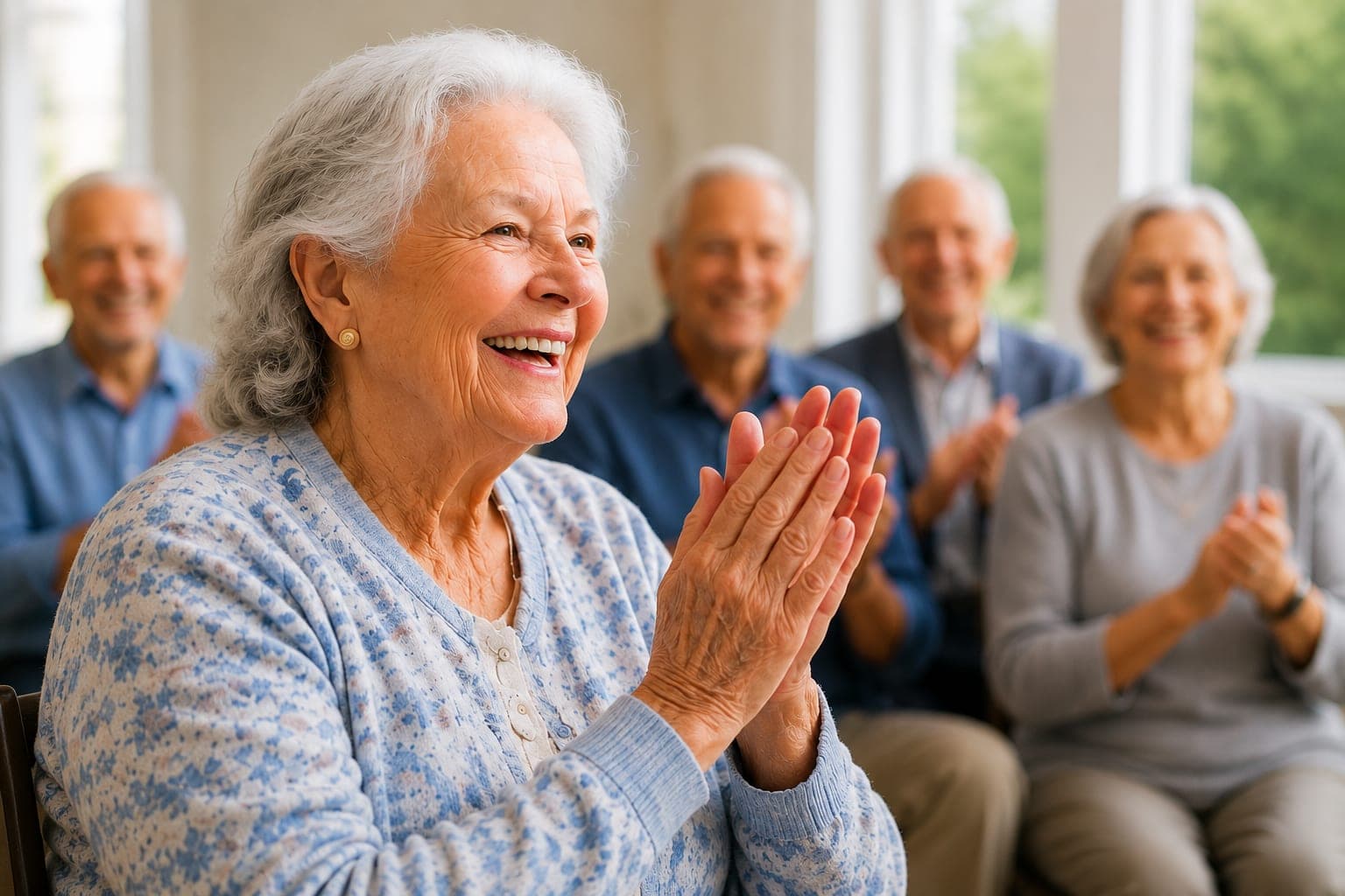 A resident applauding joyfully during a live performance, surrounded by fellow residents